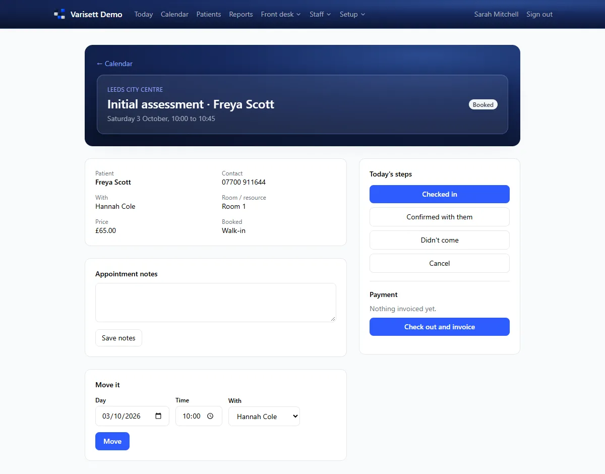 An appointment: Check in, confirm, no-show or cancel; move it; then check out and invoice in one step.