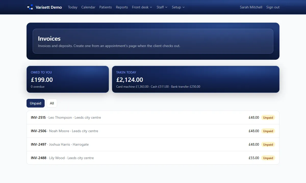 Invoices: What's owed and what's been taken, with a payment link for anything unpaid.