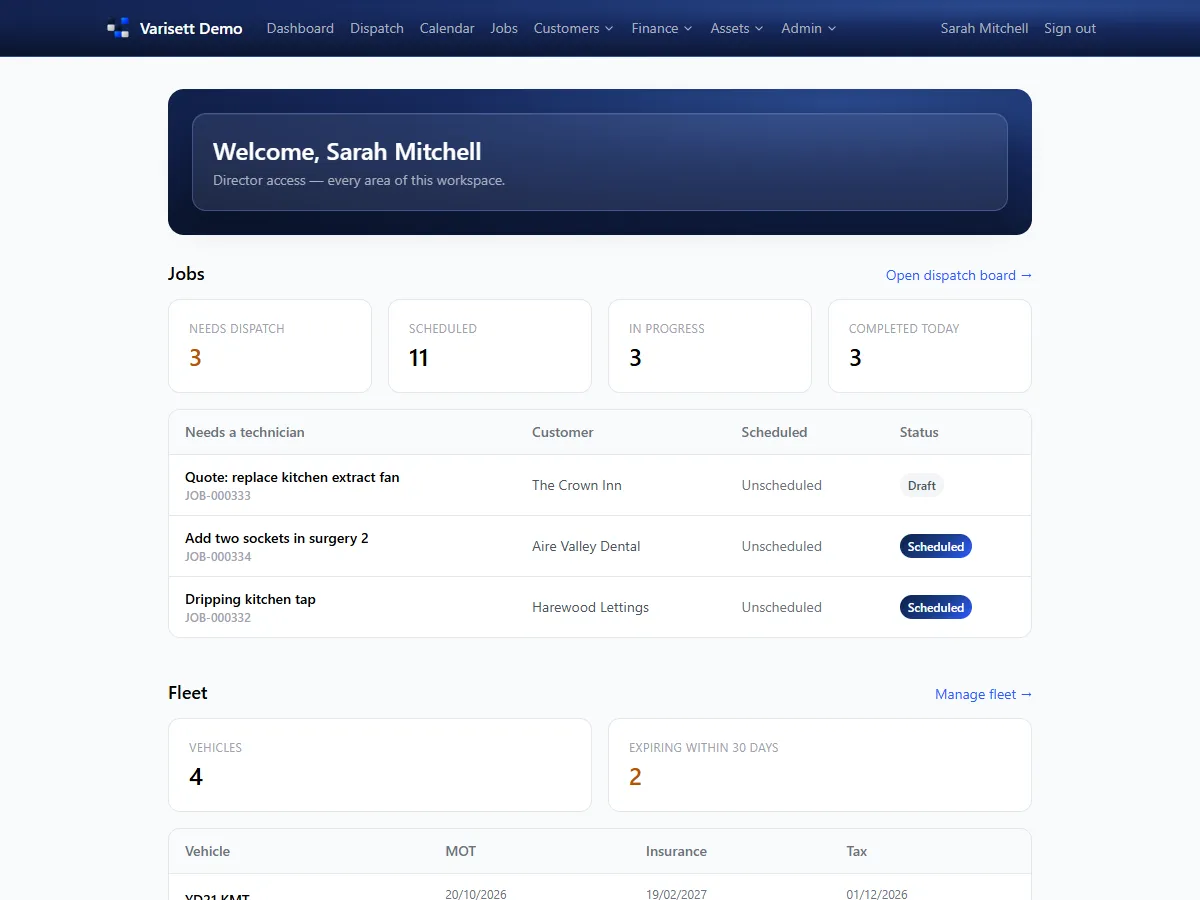 Dashboard: Jobs waiting for an engineer, what's scheduled and in progress, and vans with dates coming up.