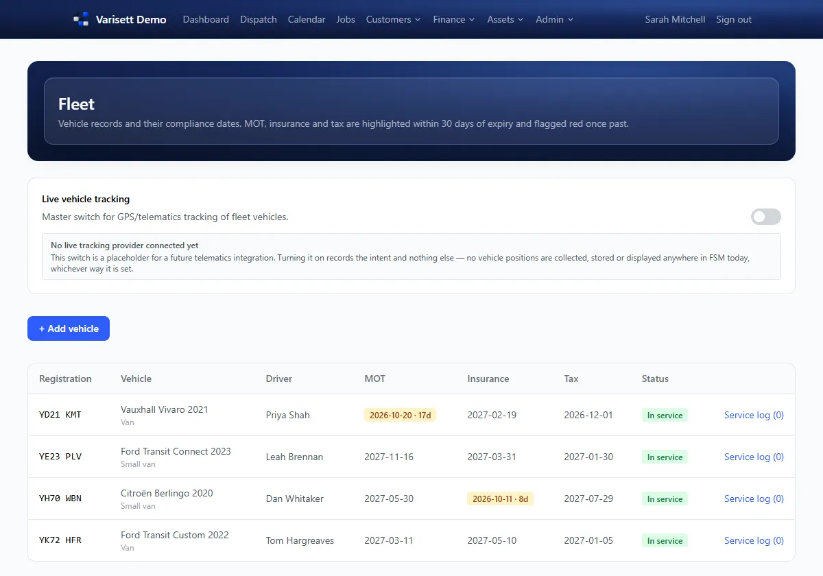 Fleet: Vans with their drivers and MOT, insurance and tax dates, highlighted before they lapse.