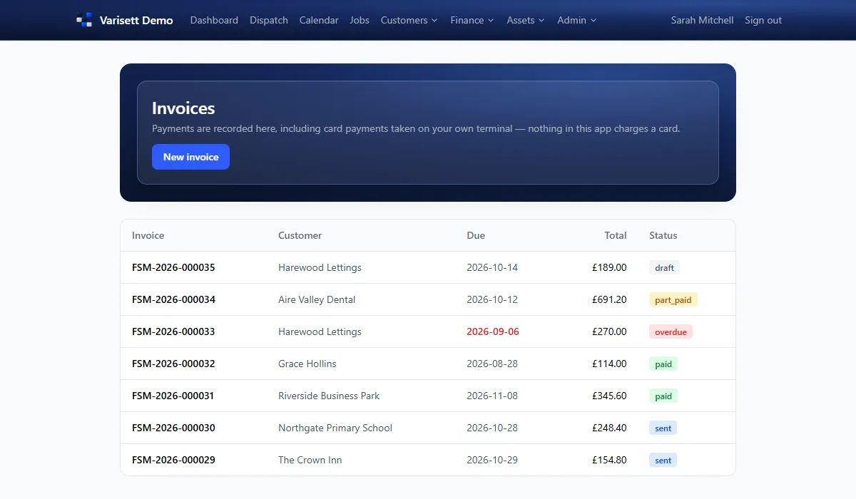 Invoices: Draft, sent, part paid, paid and overdue, with payments recorded against each.