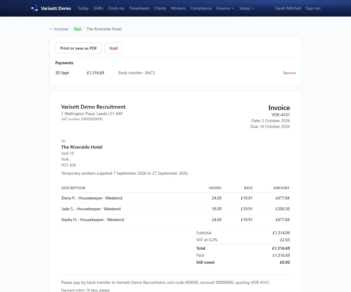 An invoice: Each client's invoice built from approved timesheets, with VAT and payments recorded.