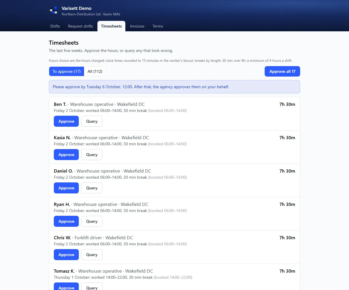 Clients approve timesheets: From the same private link, no login needed: approve or query the hours.