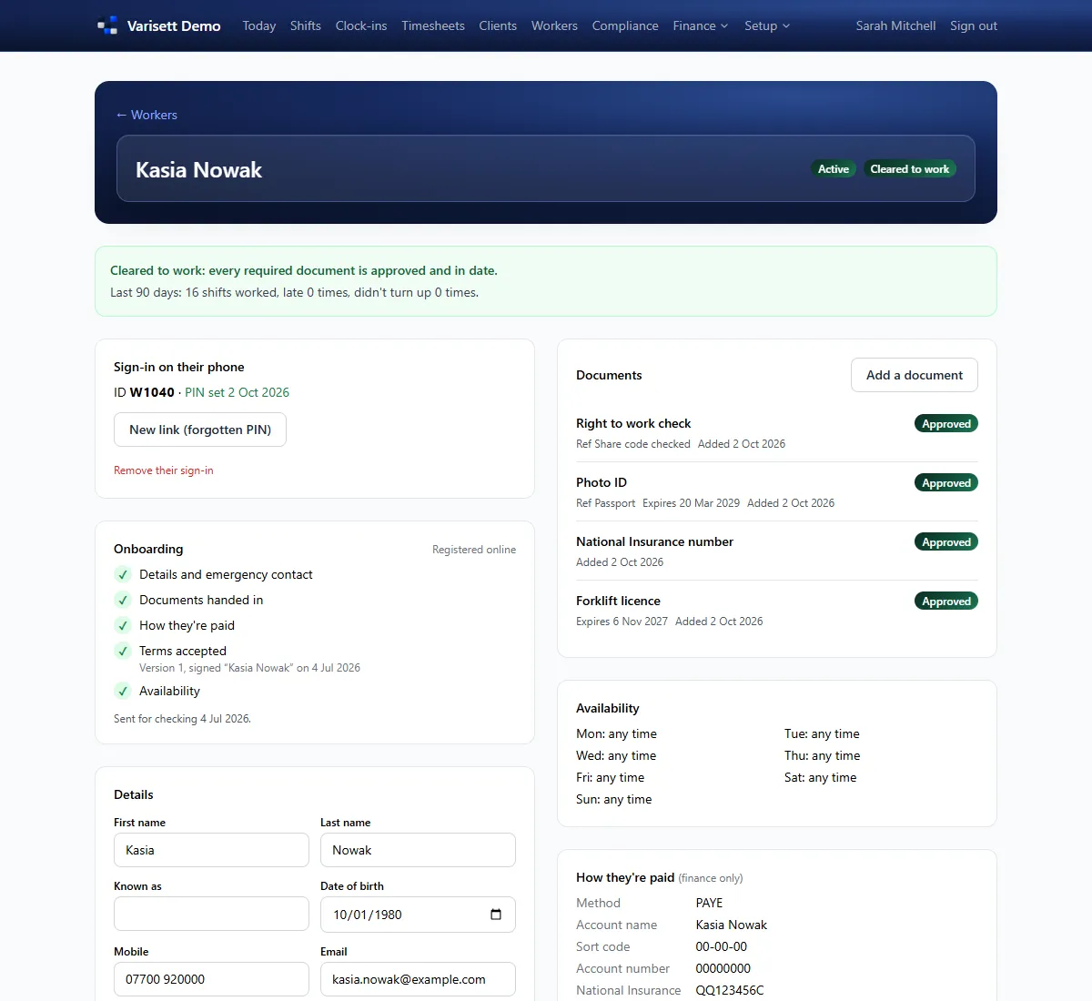 A worker's record: Cleared to work, onboarding progress, documents, availability and their phone sign-in.