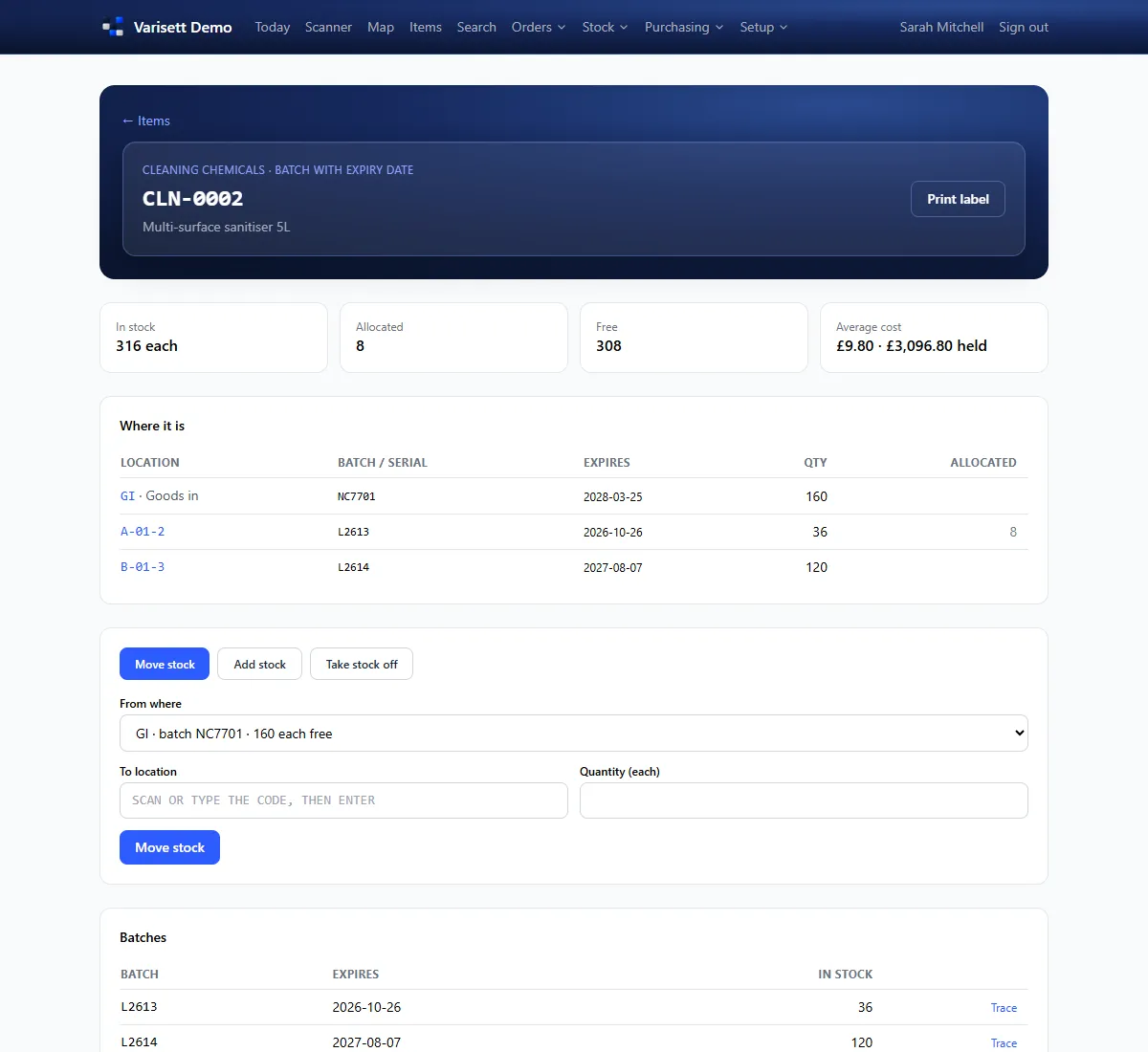 An item: Where it is, batch by batch, how much is free, and what it's worth.