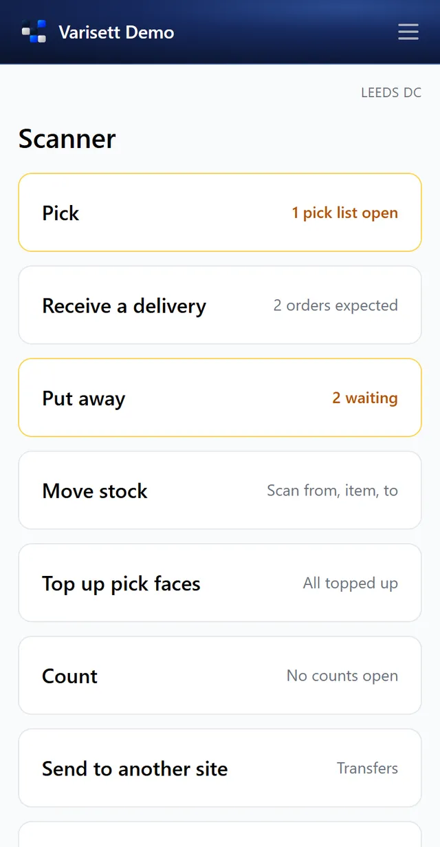The scanner app: Operatives sign in with a Staff ID and PIN to receive, put away, move, pick and count.