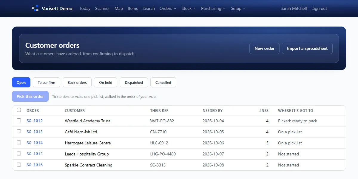 Customer orders: Every order and where it's got to; tick several to make one pick list walked in map order.