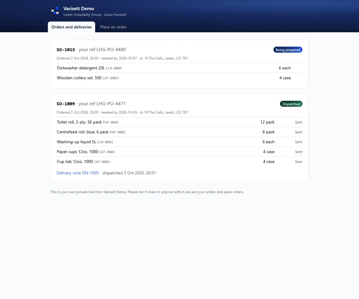 Customer portal: Customers see their orders and deliveries, and can place orders, from a private link.