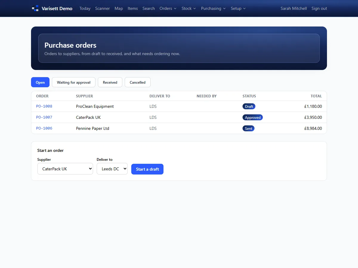 Purchase orders: Orders waiting for approval, sent and part received.